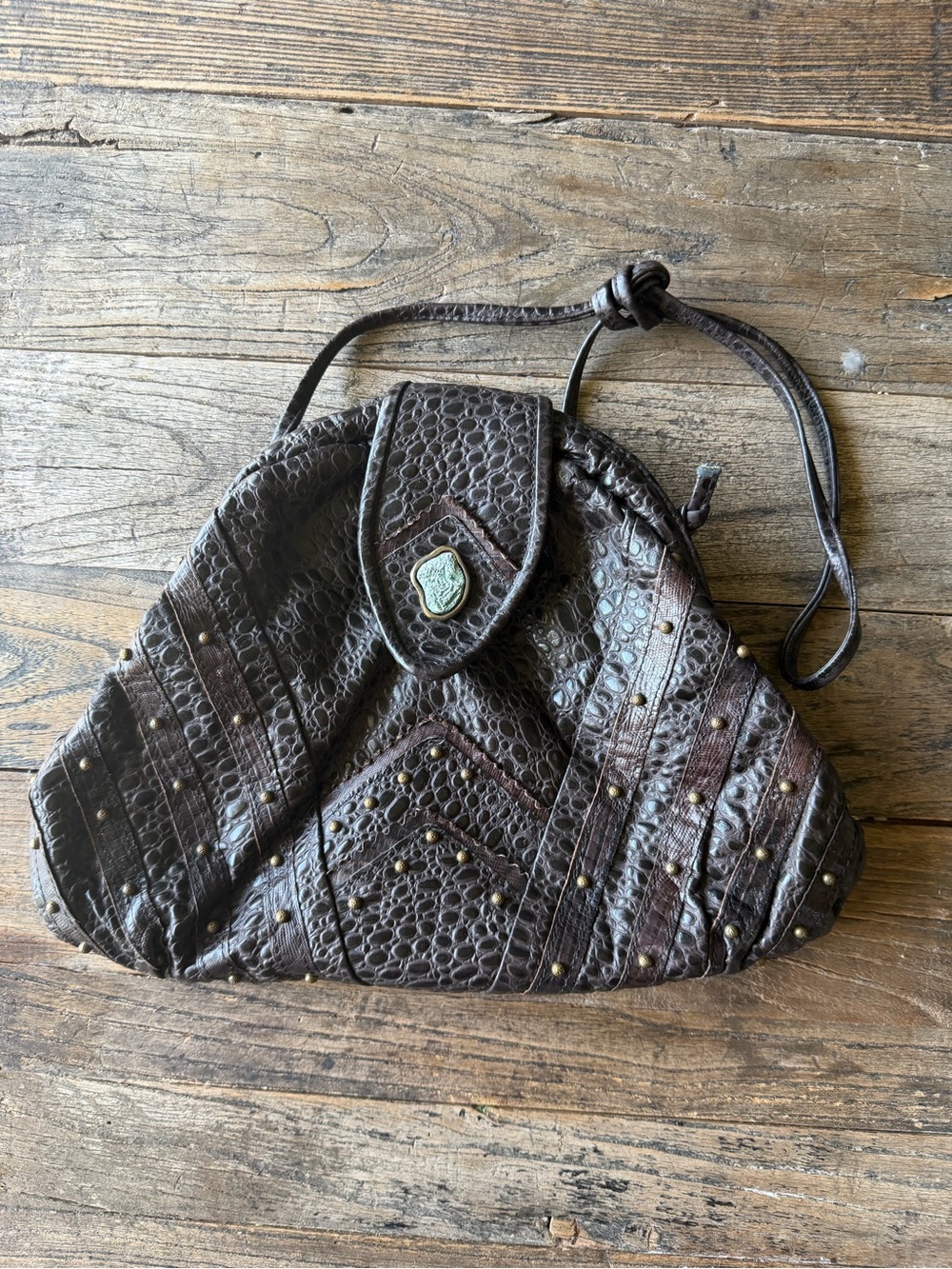 Women’s Vintage Vegan Brown Textured Leather Shoulder Bag with a Turquoise Stone